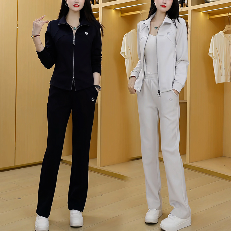 秋季休闲运动套装女2025新款春秋显瘦遮肉立领开衫外套时尚两件套
