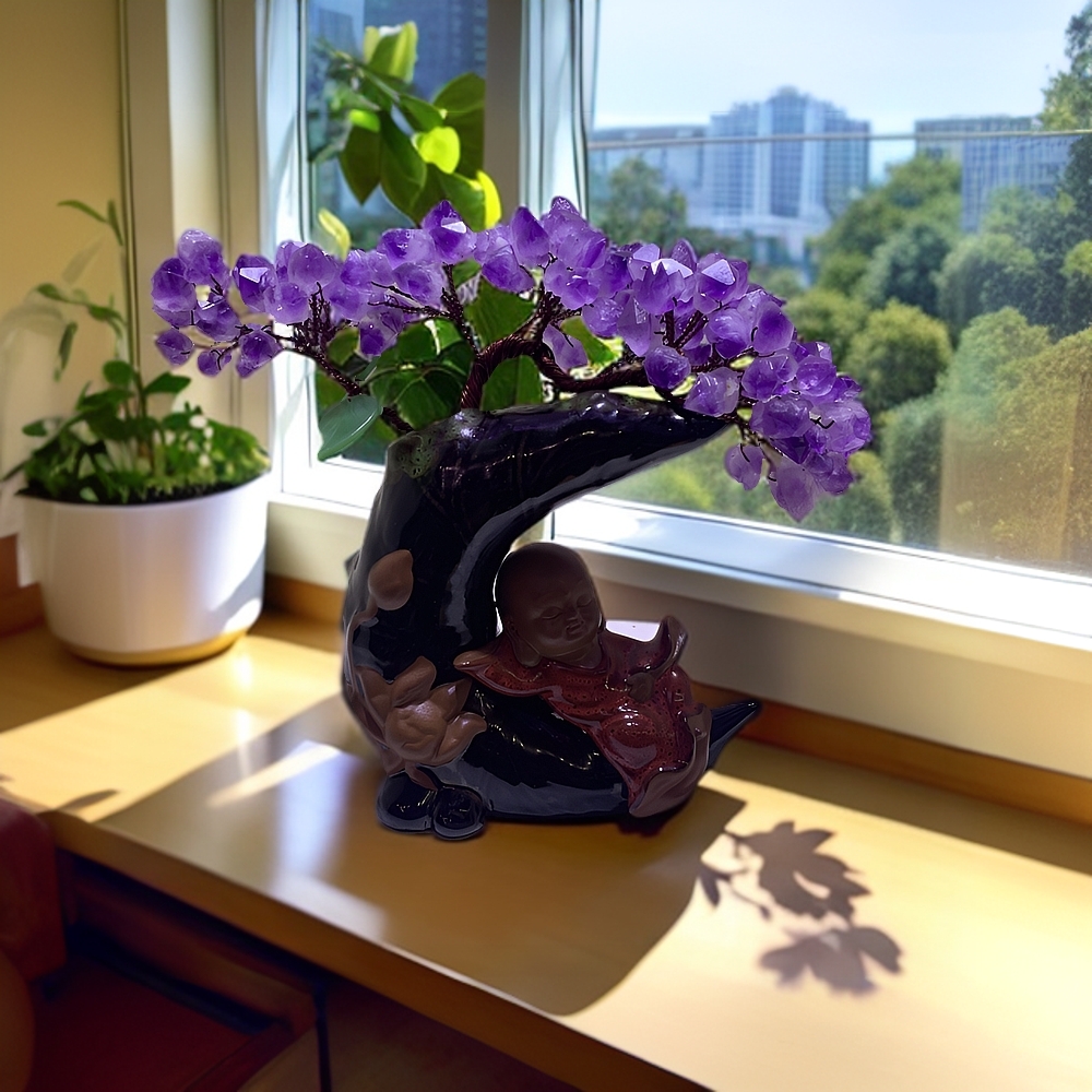 【原创轻奢高品】禅意摆件创意玄关紫水晶花摆件纯手工陶瓷精品摆件