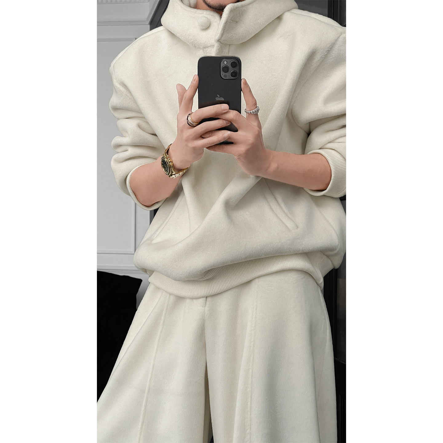 龙叨叨冬季新品小众设计纯色简约卫衣套装男潮牌宽松直筒休闲长裤