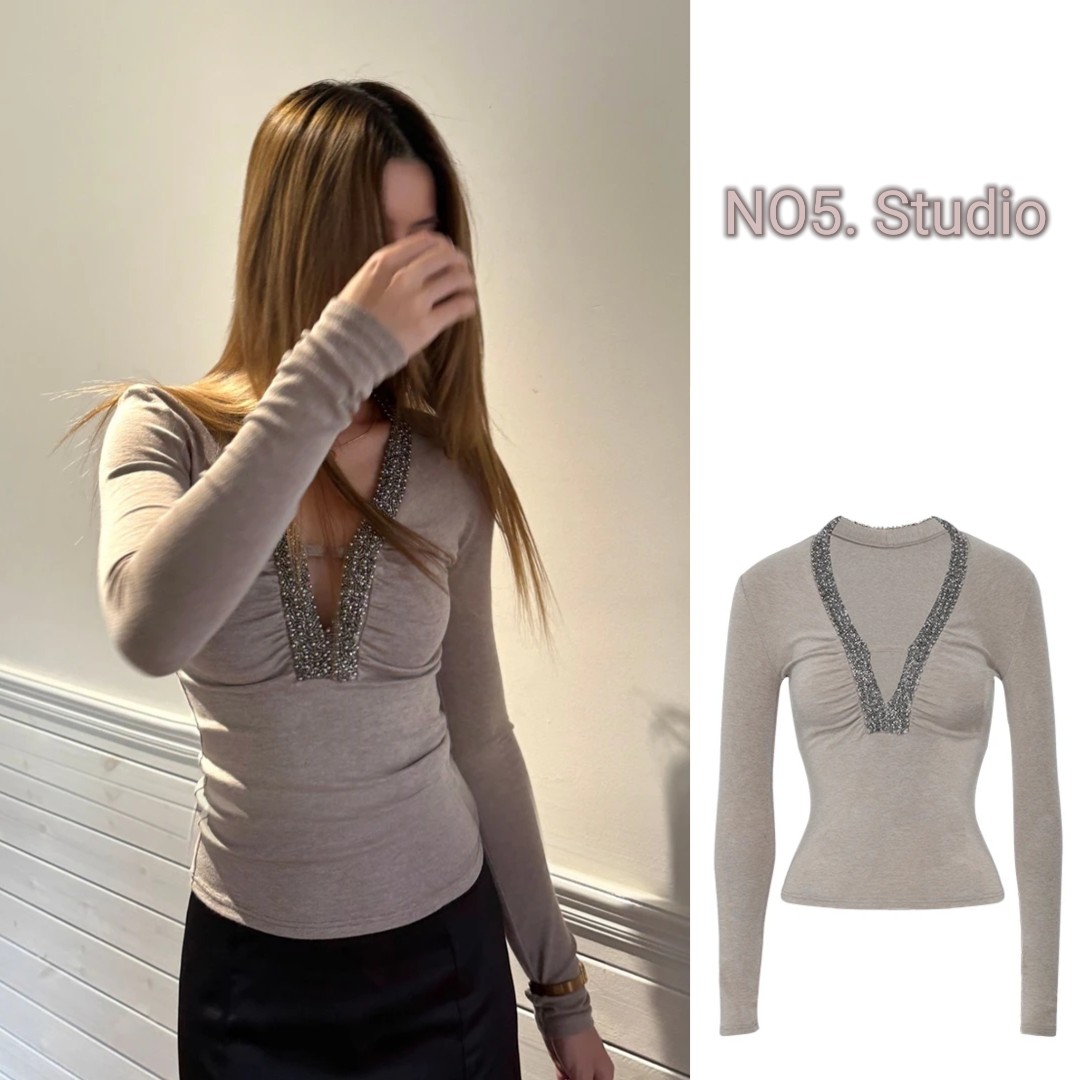 钉珠装饰设计V领上衣女秋冬新款长袖T恤手工拼接紧身打底衫01669