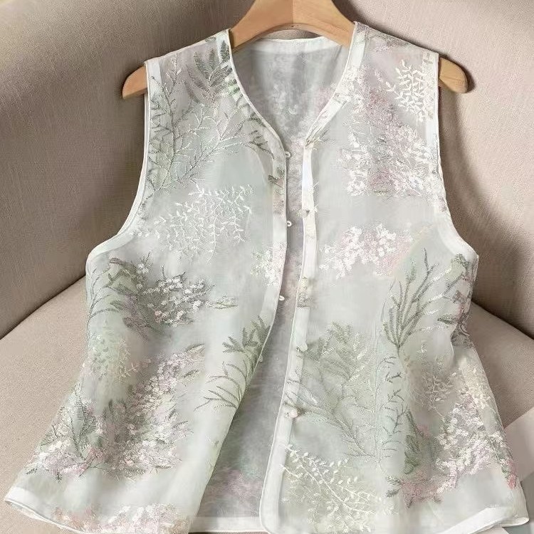 夏季刺绣女马夹新中式欧根纱马甲新中式网红马甲双层
