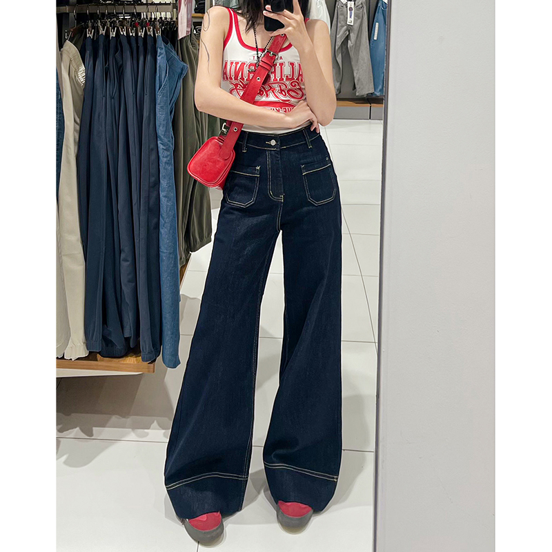 深蓝色丹宁阔腿牛仔裤女秋季2025新款高腰宽松显瘦拖地裤显瘦百搭