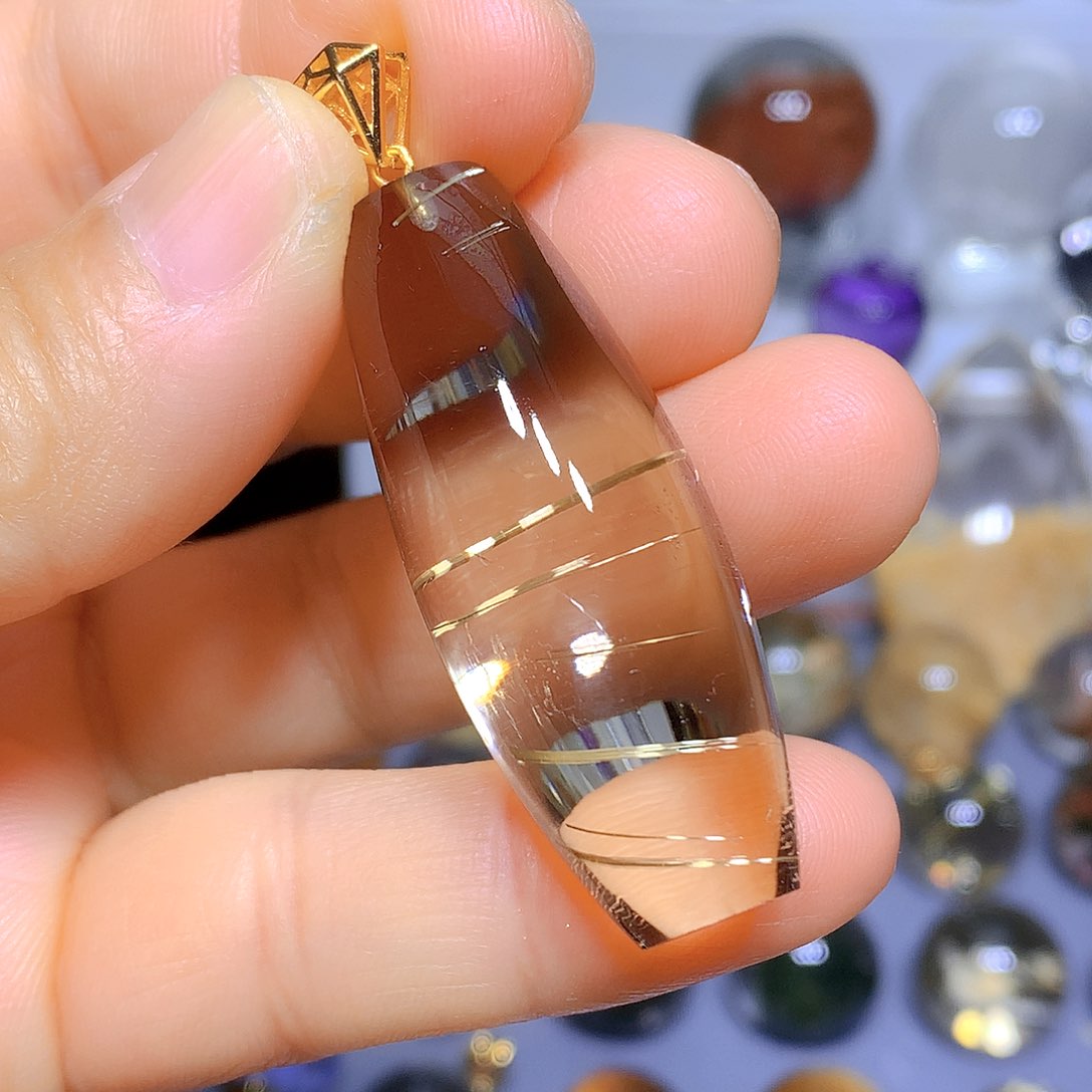 水晶吊坠银S925镀金镶嵌天然水晶