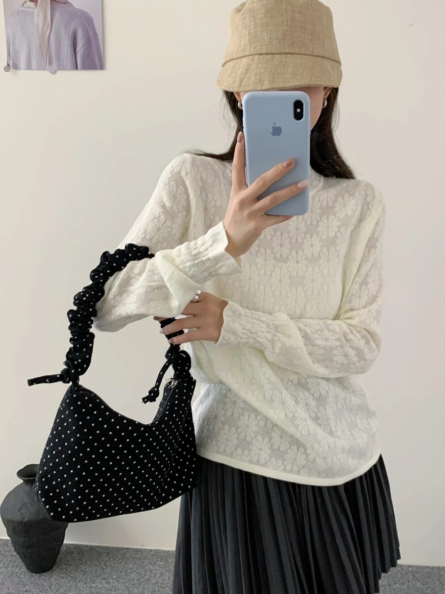 【MS2747】韩系百搭蕾丝花朵木耳边半高领针织衫女秋叠穿内搭上衣
