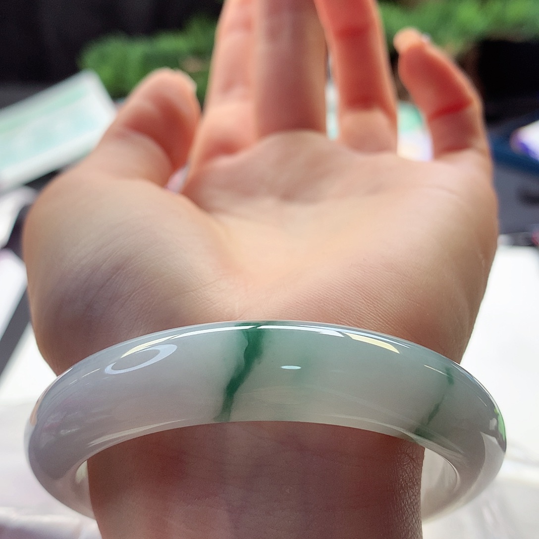 翡翠手镯未镶嵌天然翡翠56-57晴水立体绿花简约款