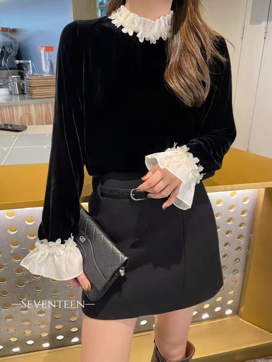 复古花边立领珍珠蝴蝶上衣