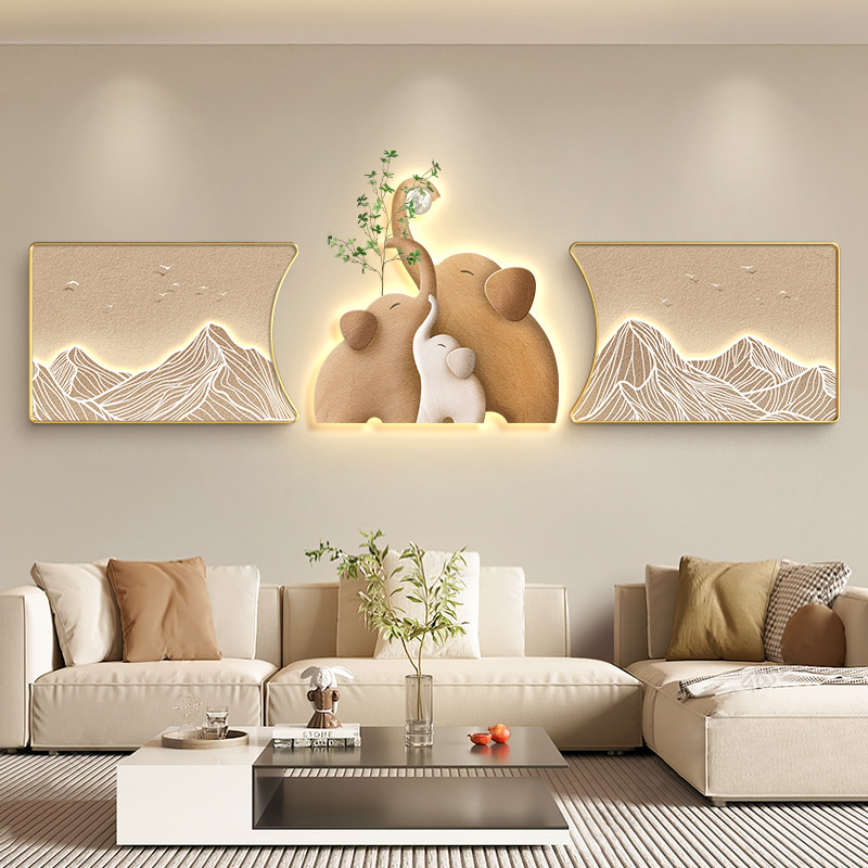 现代简约大象客厅装饰画高档大气沙发背景墙挂画轻奢带灯三联壁画