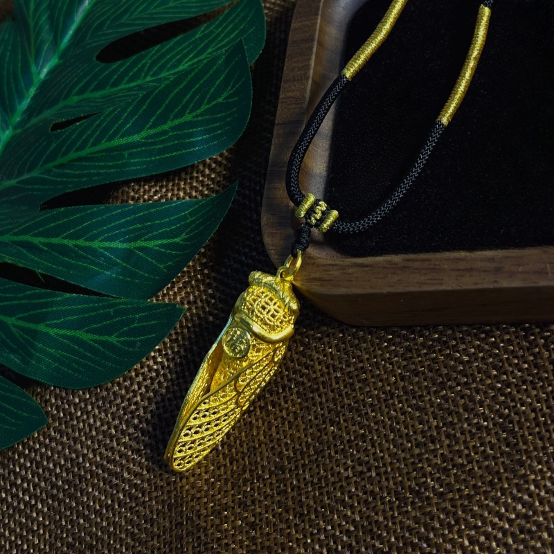 吊坠925银 古法花丝金蝉吊坠 腰蝉万贯 一鸣惊人项链送礼物