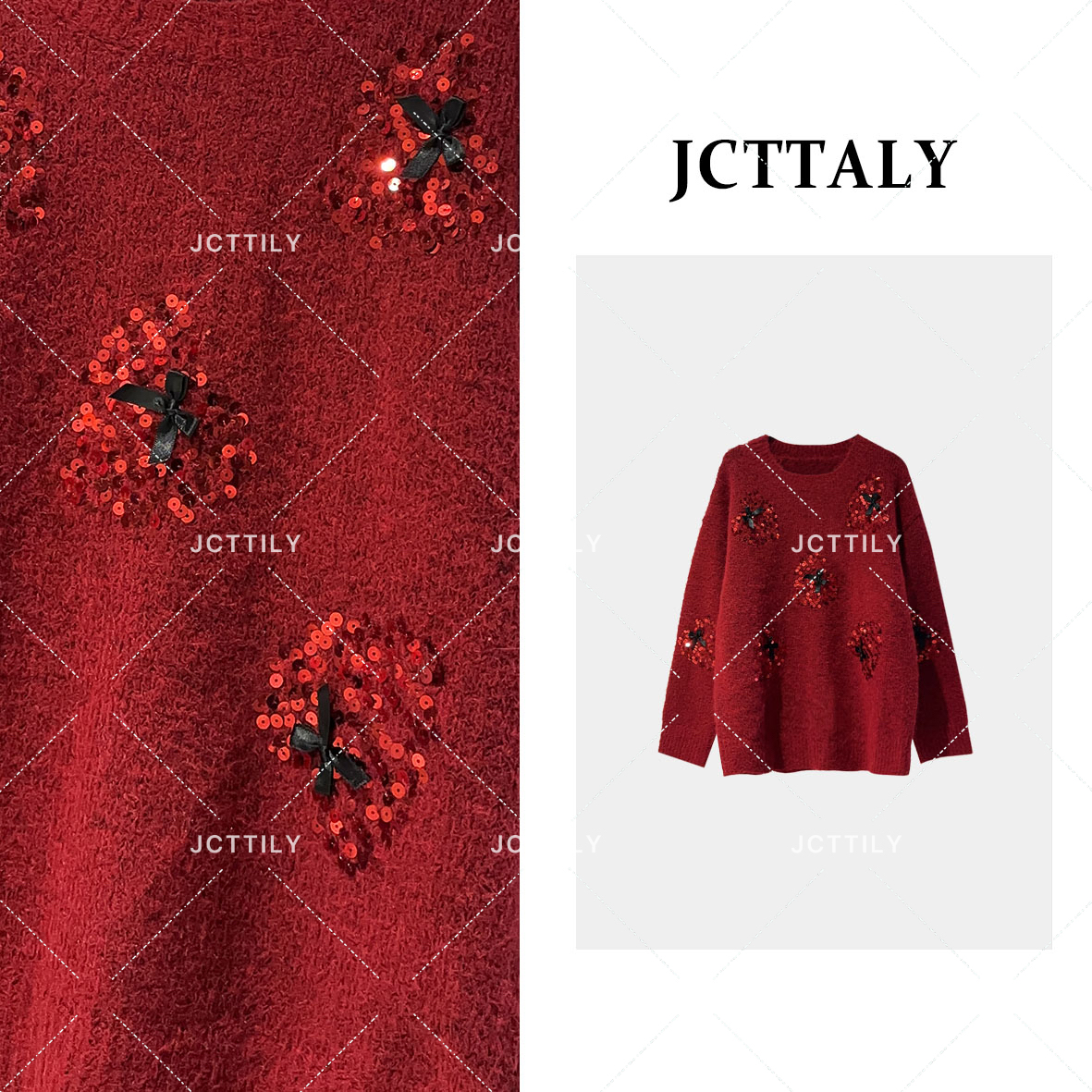 【宠粉价】秋冬新款酒红色毛衣亮片重工圆领针织上衣JC-A2824