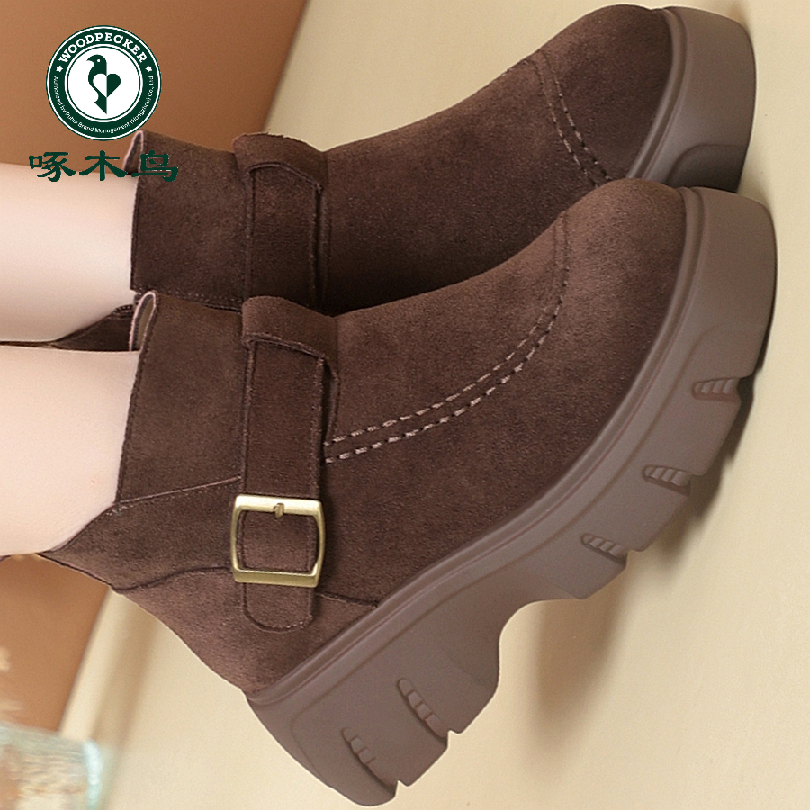 啄木鸟时尚马丁靴加绒内里保暖秋冬女鞋高跟圆头厚底纯色妈妈短靴