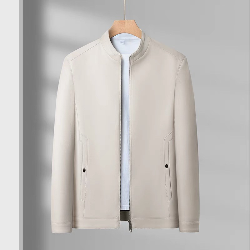 海宁新款男士白色立翻领休闲帅气百搭简约真皮皮外套2401