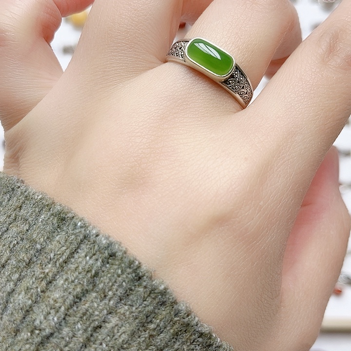 和田玉戒指银S925镶嵌天然