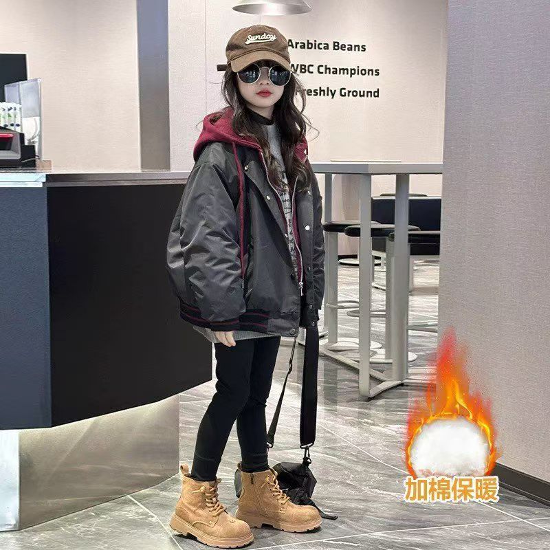 女童秋冬夹棉外套2025新款洋气大童加厚连帽棒球服冬装假两件棉服