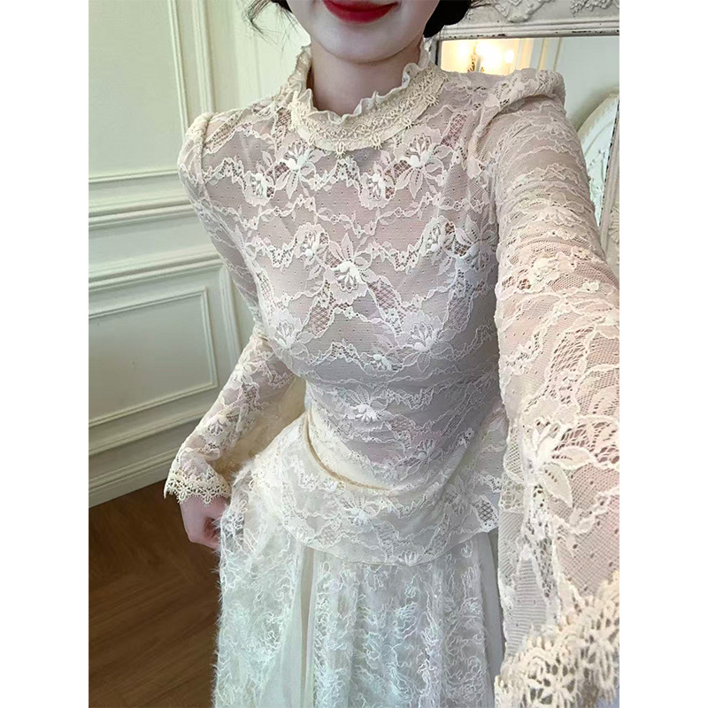 一生罗曼【琉璃花欲】微透蕾丝打底衫衬衫女蕾丝高领喇叭袖Y5924