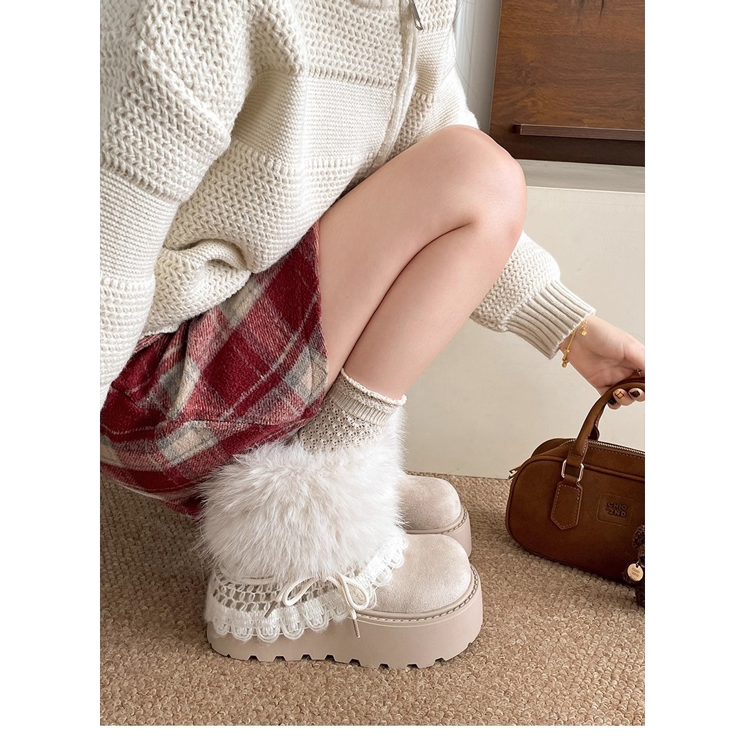百搭厚底加绒加厚保暖防滑白色毛绒日系ins秋冬季女鞋时装靴 聚氨