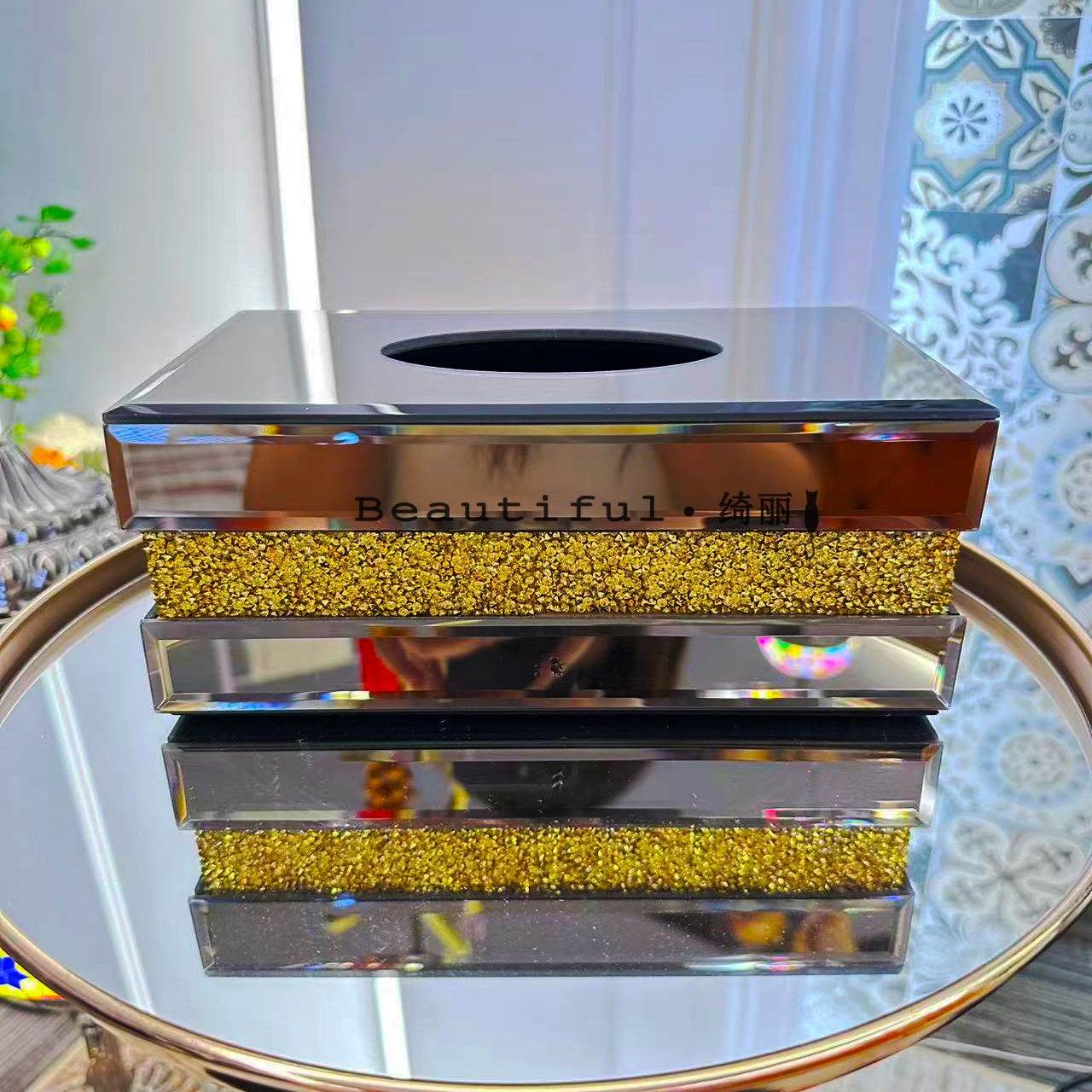 单只-轻奢摩登灰黑色金箔纸巾盒客厅高档高颜值水晶玻璃纸抽盒