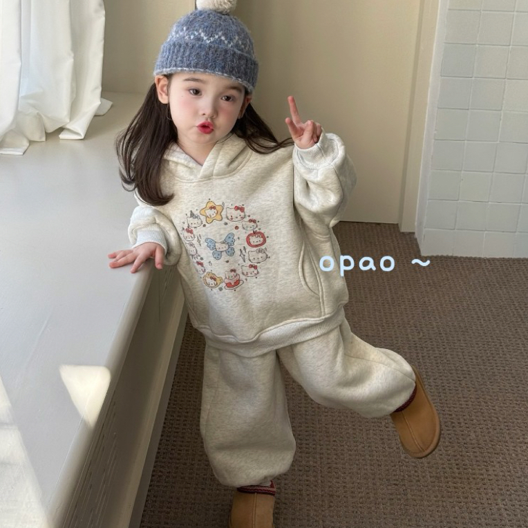 opao 拉链休闲风少女风秋季厚款套装时尚加绒连帽加厚套装卫衣