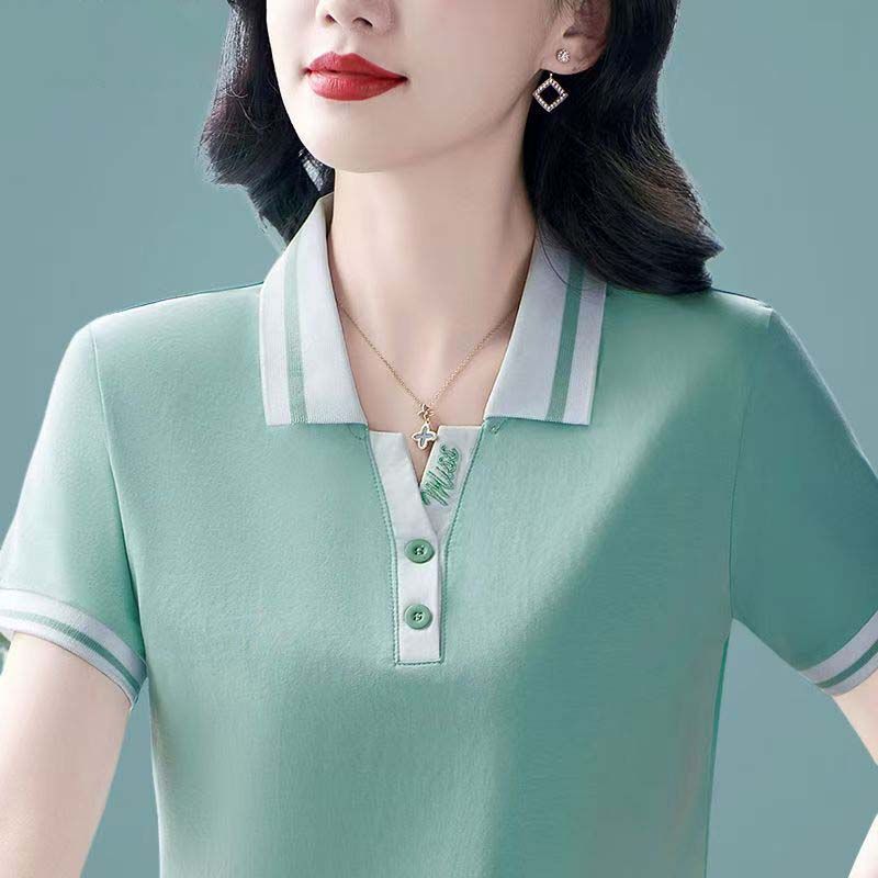 中年洋气短袖运动翻领t恤拼色POLO衫时尚夏季绣花翻领女士T恤上衣