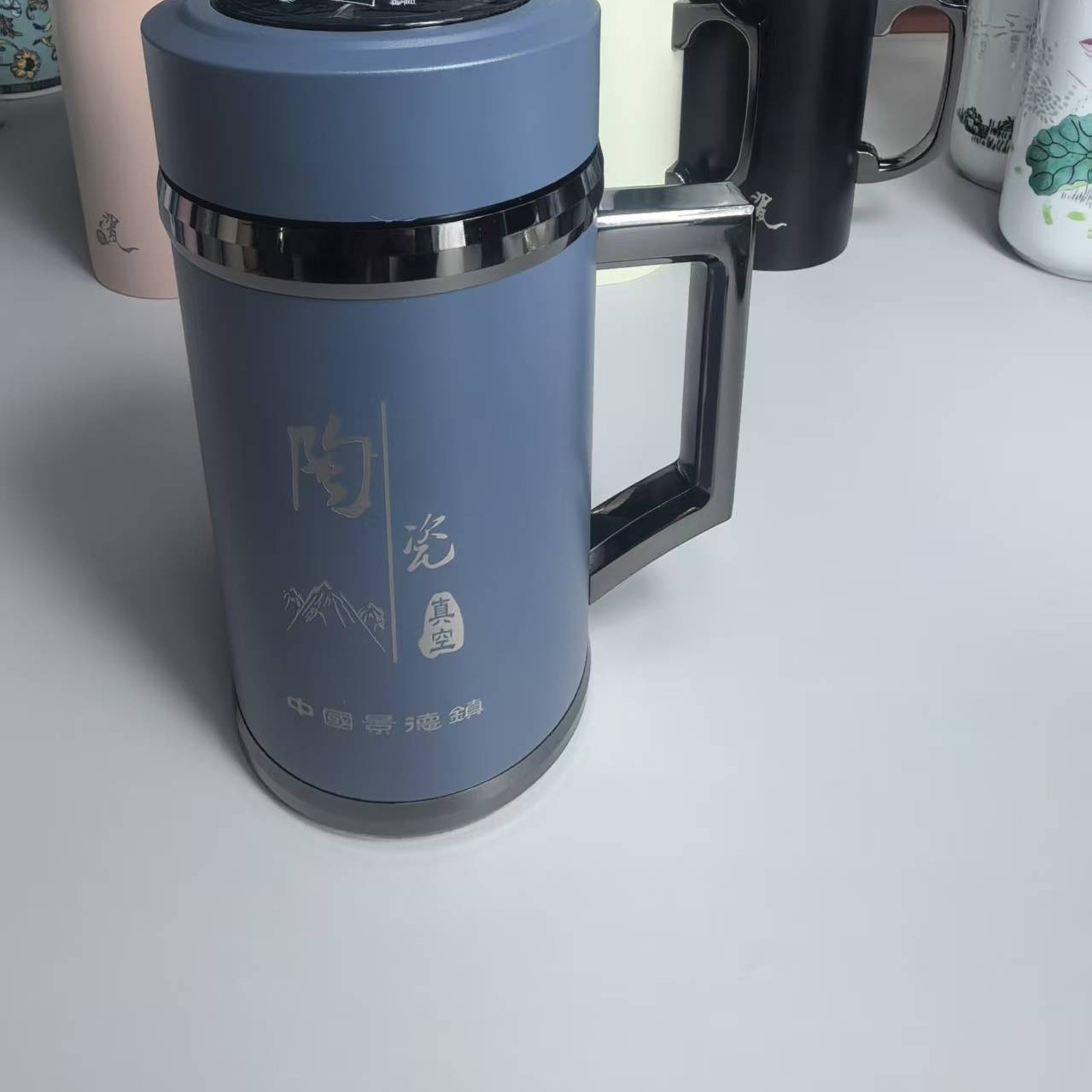 真陶瓷内胆保温杯景德镇高端带把手柄显温国潮风泡茶杯