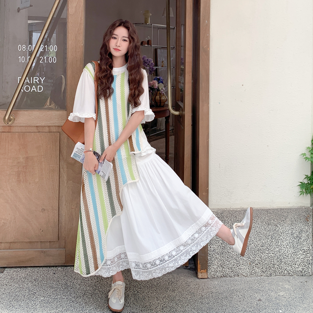 彩虹条纹不规则罩衫叠穿套装女2025夏季新款花边小衫半身裙三件套