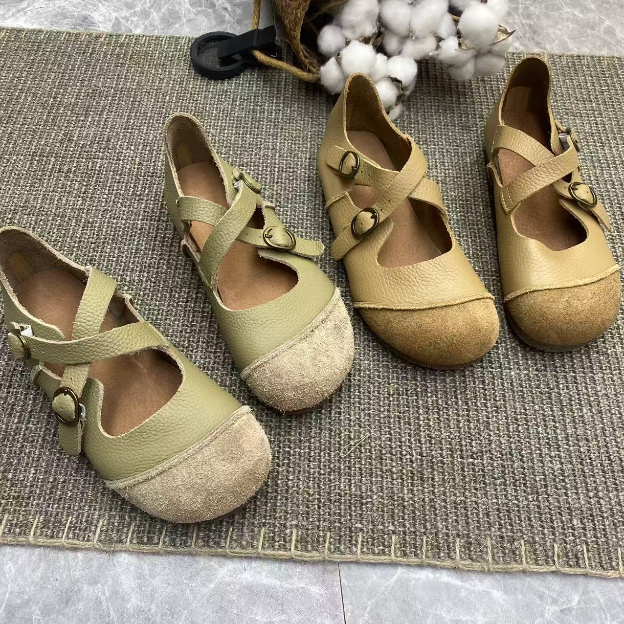 丽雅头层牛皮交叉扣带休闲女鞋民族风文艺复古软底软面平跟森女鞋