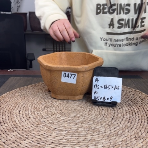 紫砂花盆年终福利柴烧菱花六方0477