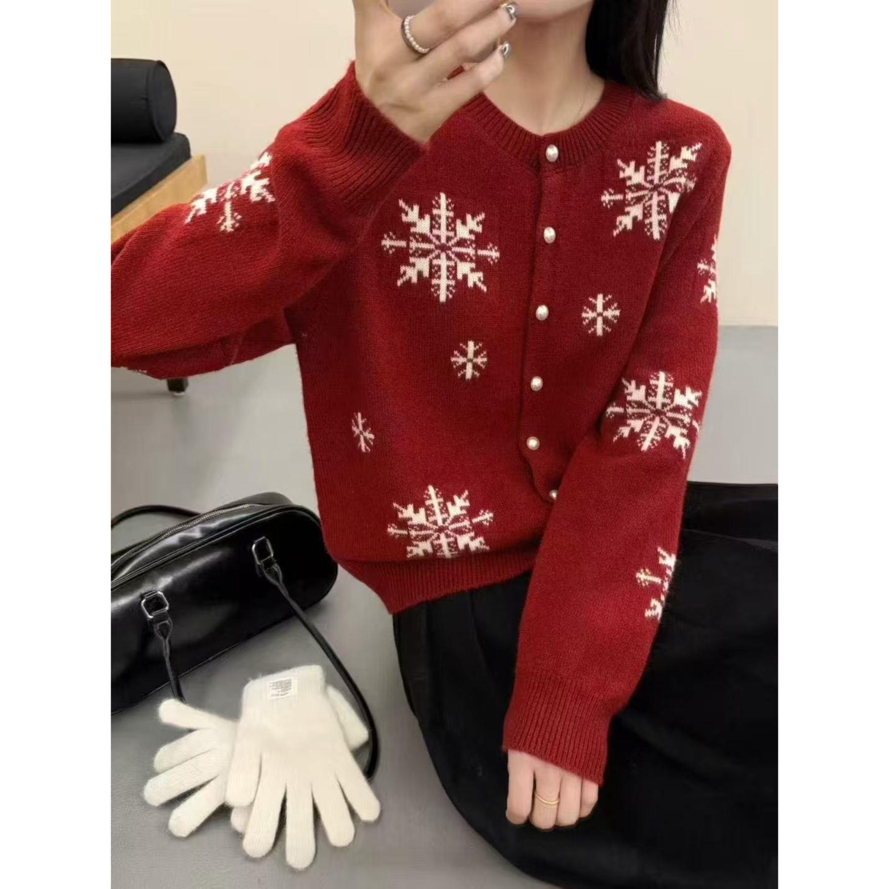 【萱萱精选】浣熊绒复古红色雪花圣诞新年毛衫786943