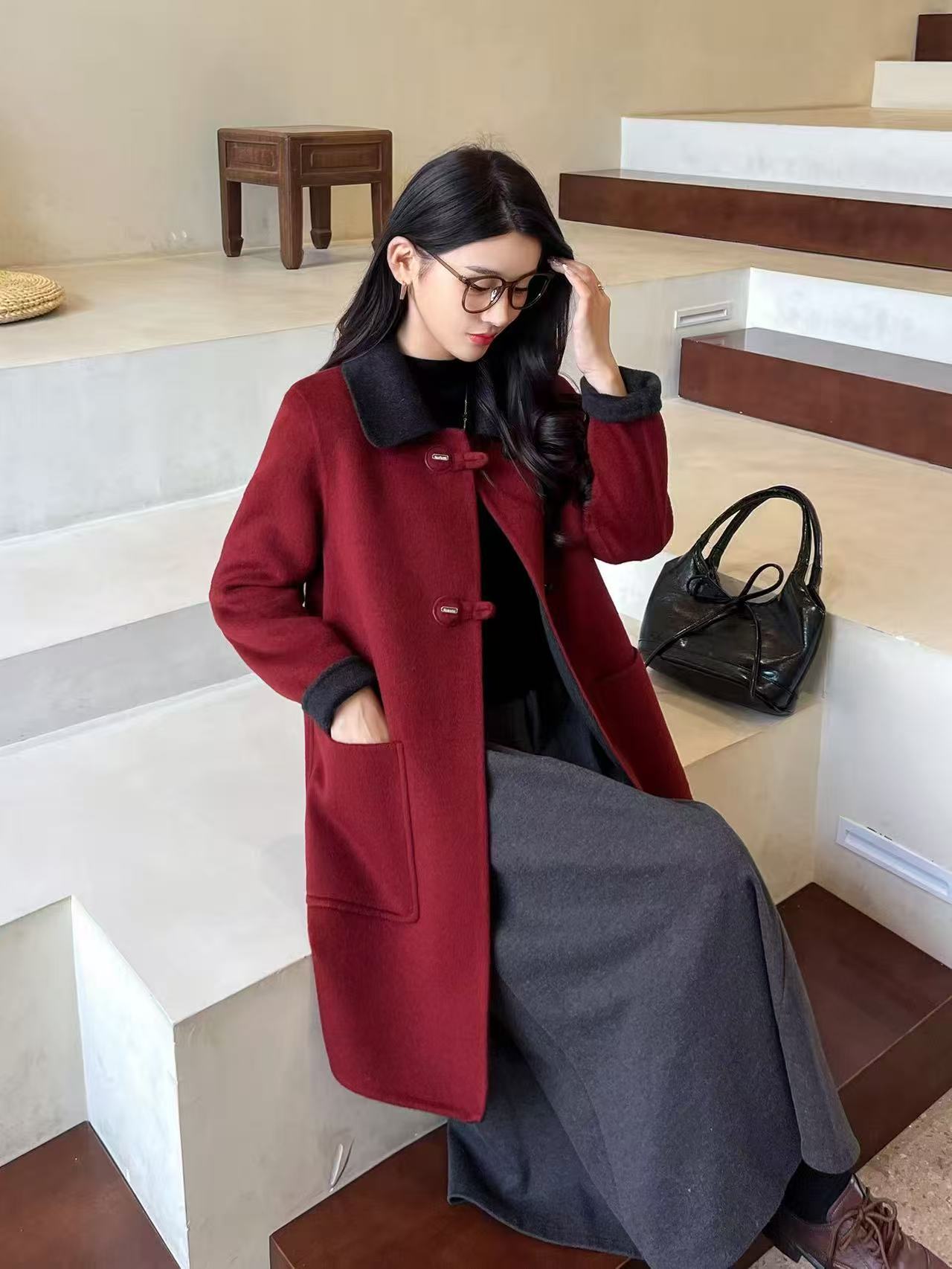 欧洲站乌衣轩秋冬季新款时尚高级AB面中长款大衣女