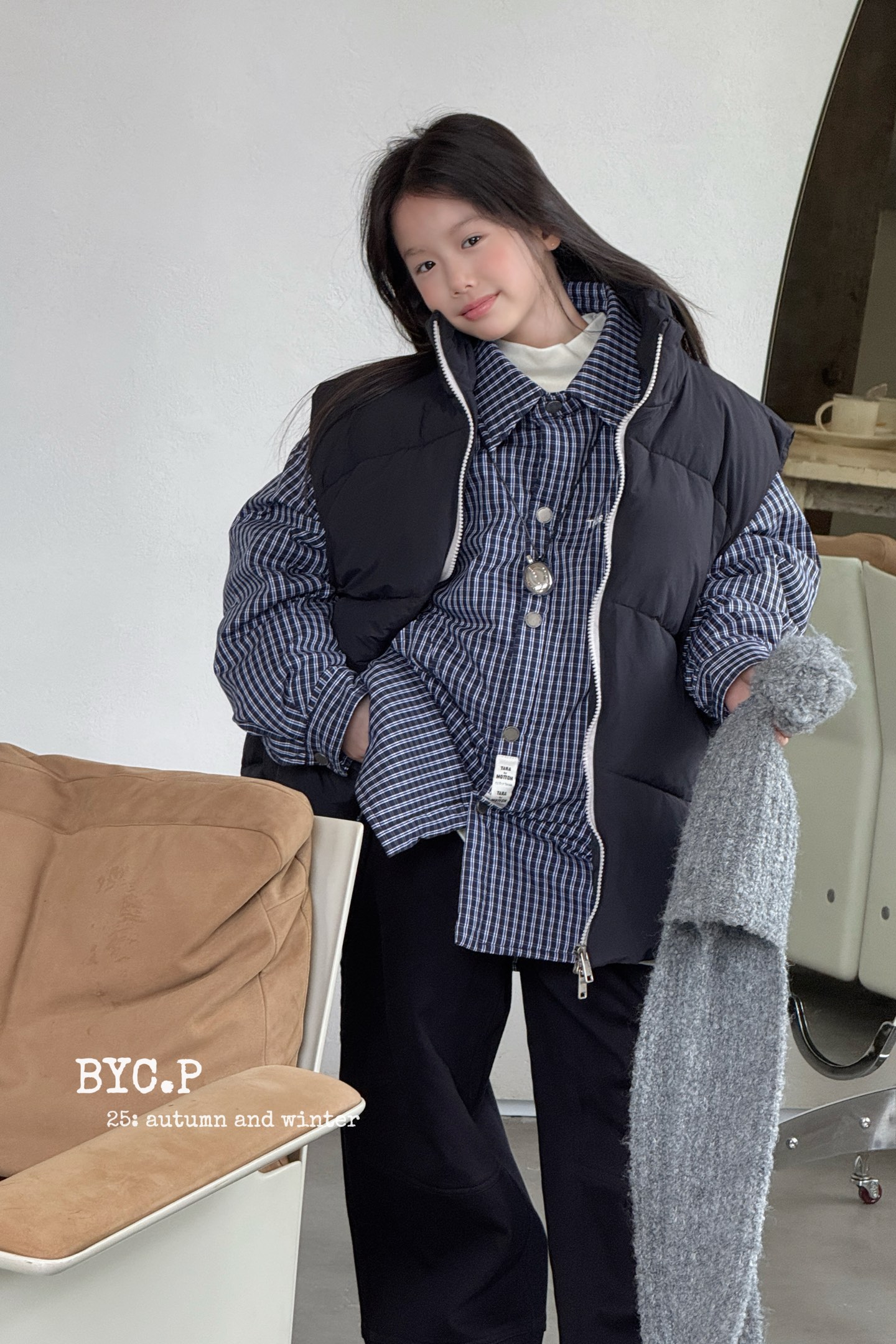 吉米妈格子修身型透气冬季立领保暖马甲宽松时尚短款-BYW5-927