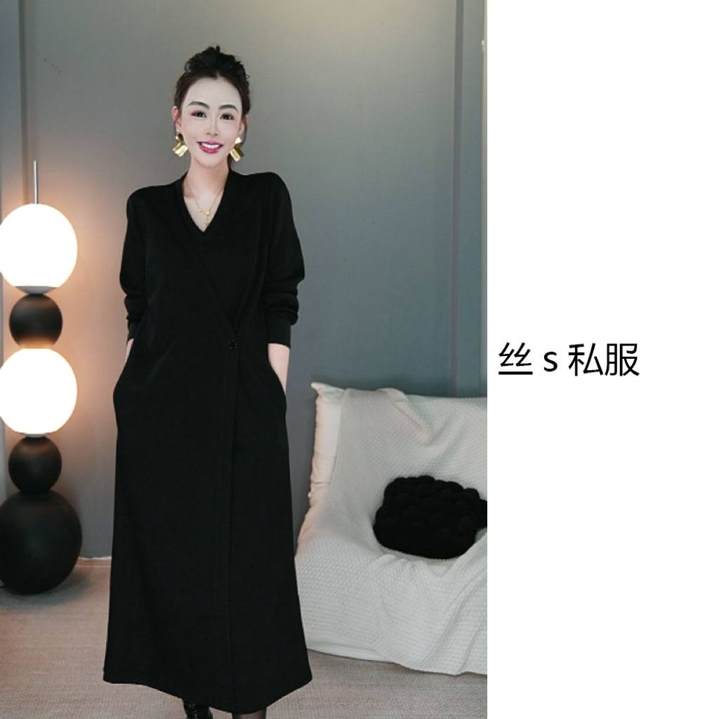 丝s私服【惬意】秋冬高腰翻领长款长袖气质连衣裙F8515