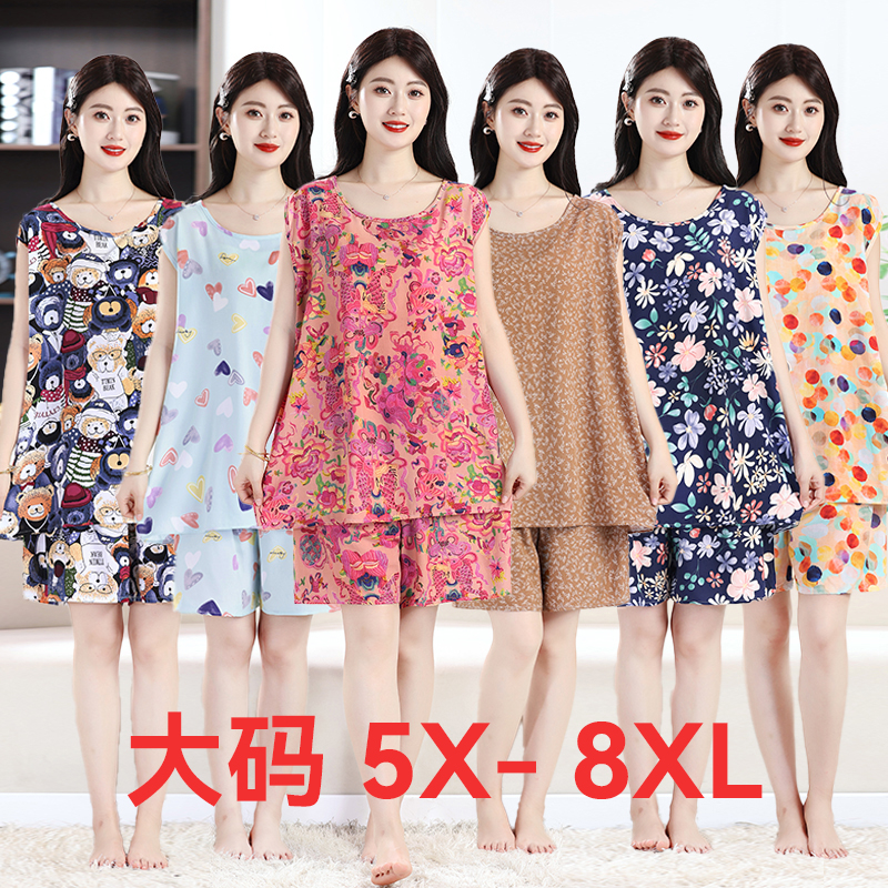 绵绸棉绸睡衣女夏装中老年无袖短裤人造棉两件中老年人妈妈装夏装