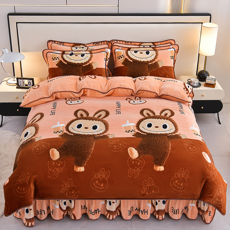 【加绒儿童新款】8～9斤A类母婴级加厚牛奶绒床裙款四件套防静电