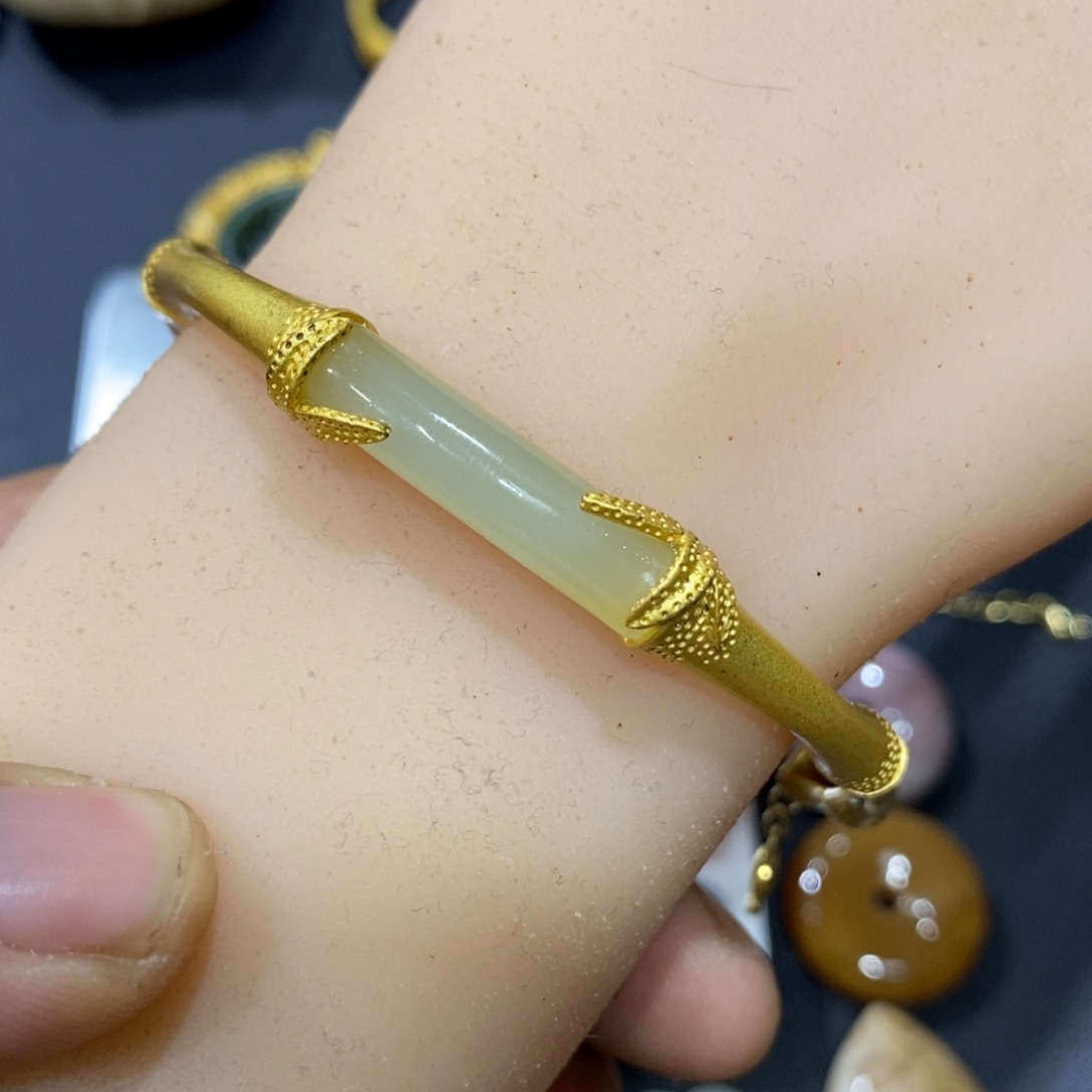 和田玉手镯银S925镀金镶嵌