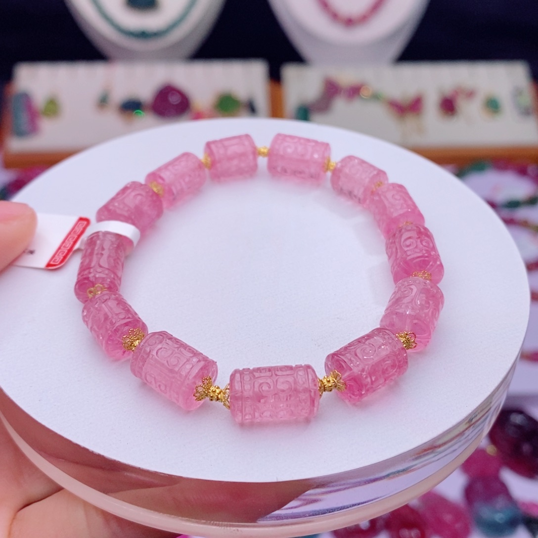 18K金镶嵌手链碧玺回纹桶珠手串yy