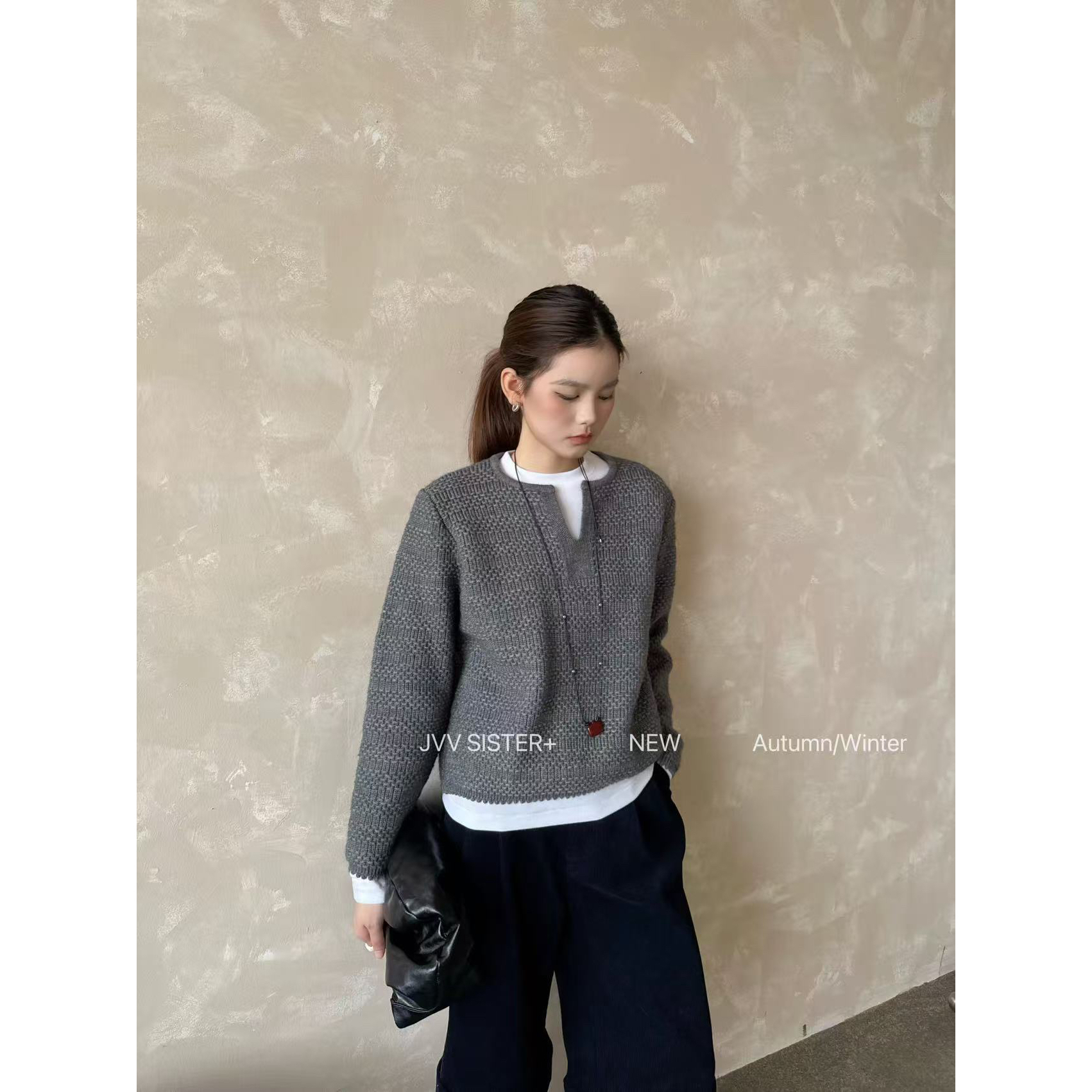 爱唯依（F）-小V领！有设计感休闲百搭毛衣（JM71718#）JVV