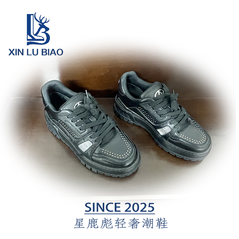 轻奢头层小牛皮—荔枝纹粒面牛皮打钉款重工艺滑板男鞋隐形增高7cm