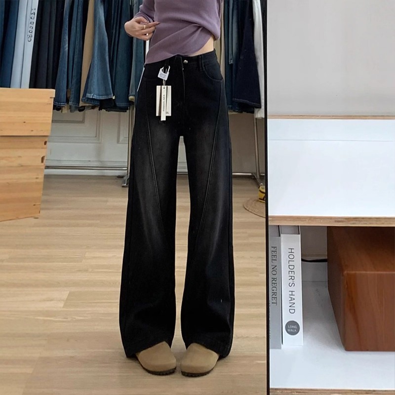 黑灰阔腿加绒牛仔裤女2025冬季新款拼接设计感高腰宽松显瘦直筒裤