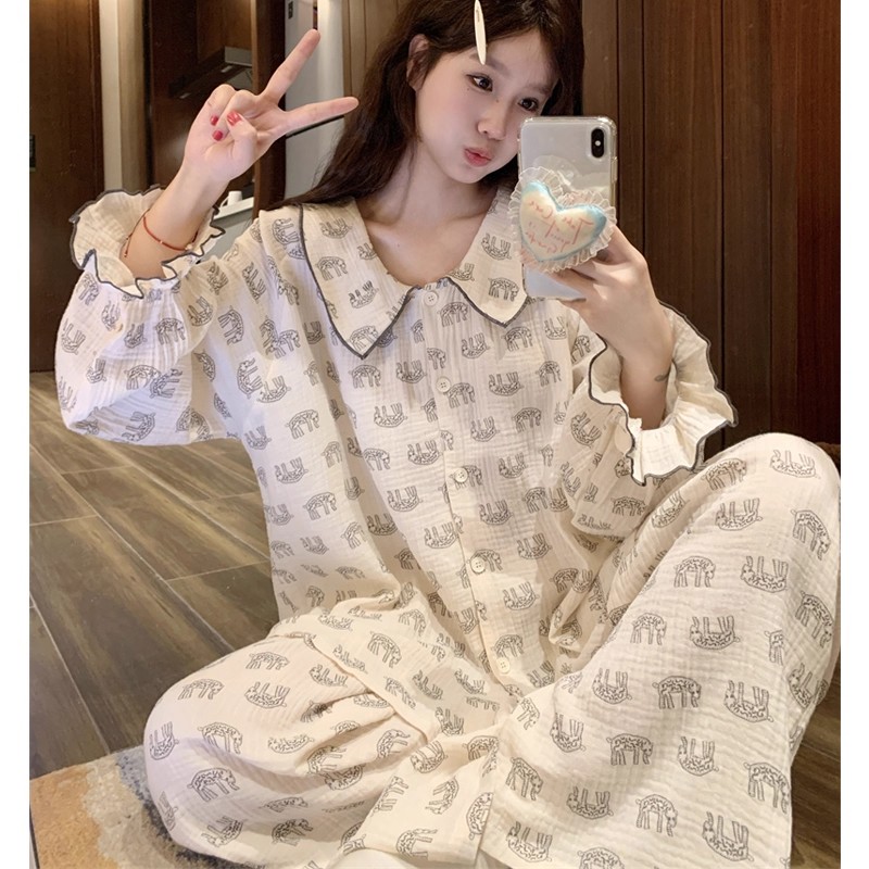 睡衣女秋春季小众宽松甜美卡通可爱娃娃领长袖长裤时尚家居服套装