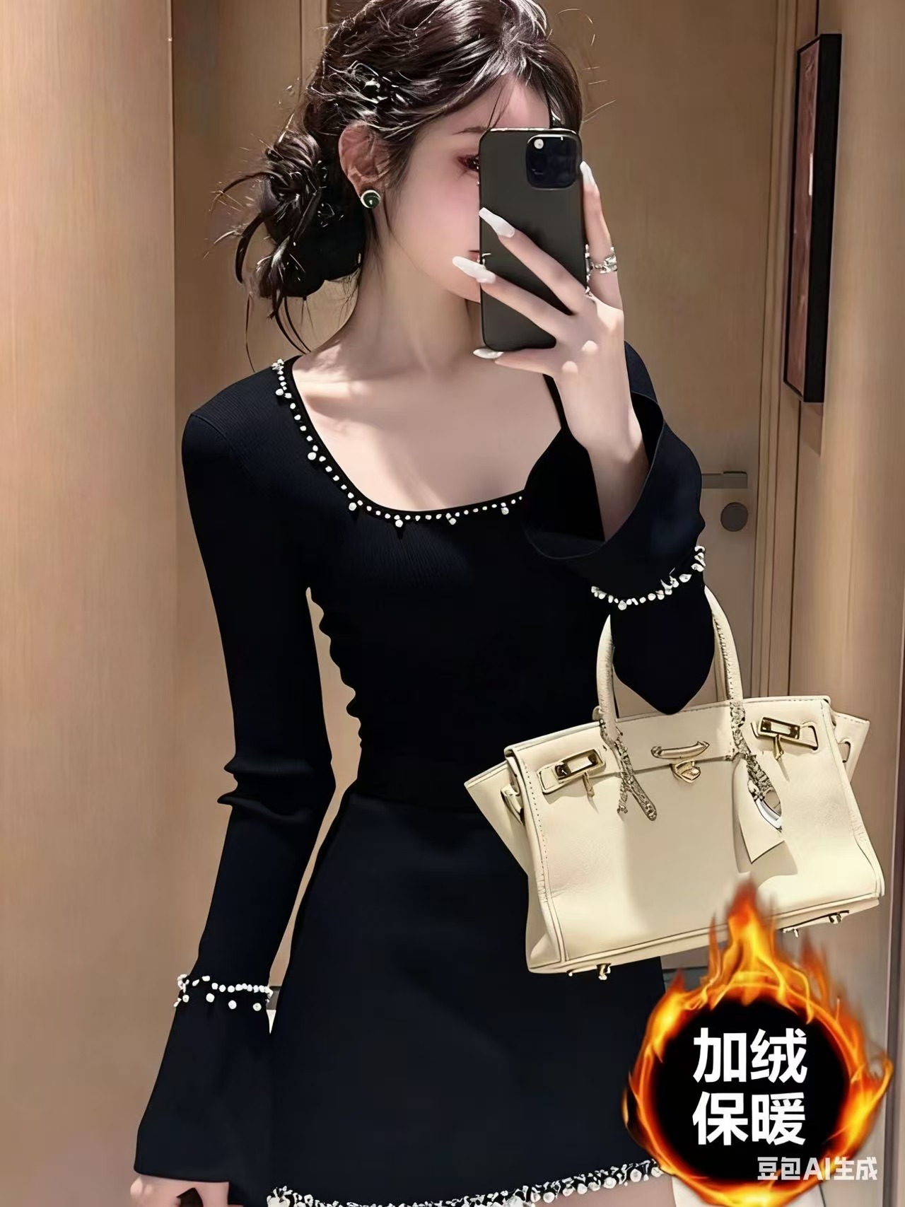 加绒温柔富家千金轻奢高级感连衣裙短款巨好看黑色包臂裙子