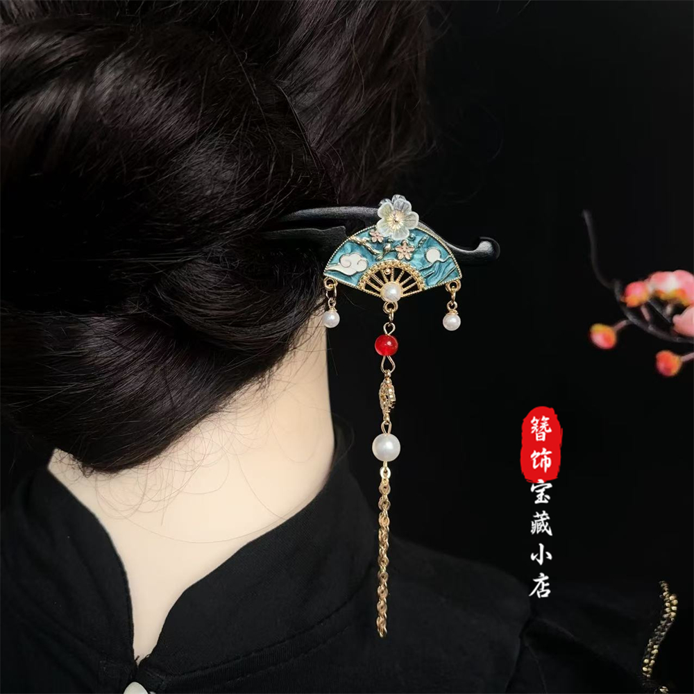 a913【景泰蓝扇子】18公分长流苏气质扇子古风国风发簪女新中式旗袍