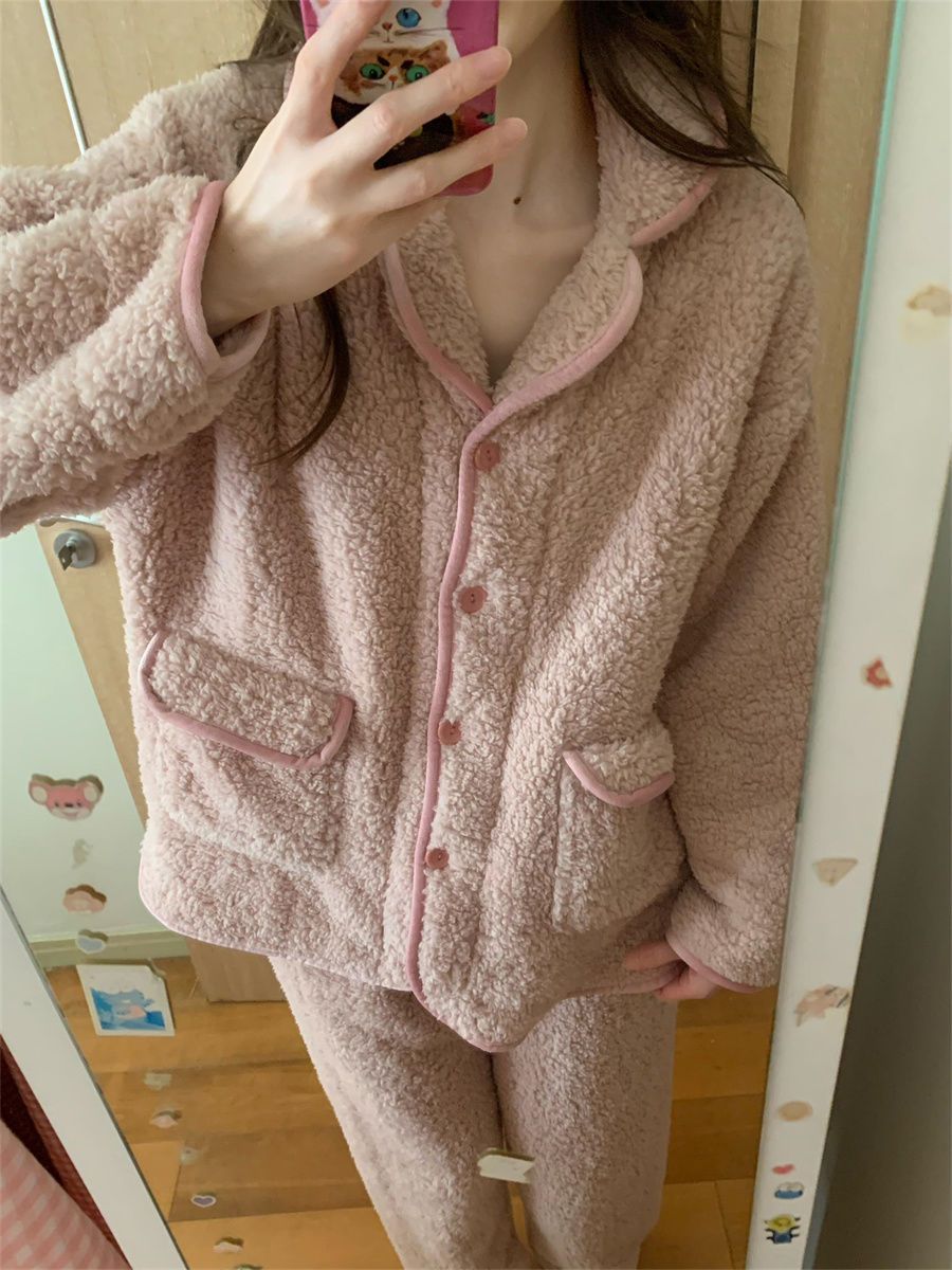 珊瑚北极绒睡衣女秋冬季加绒加厚翻领简约高级感家居服套装可外穿