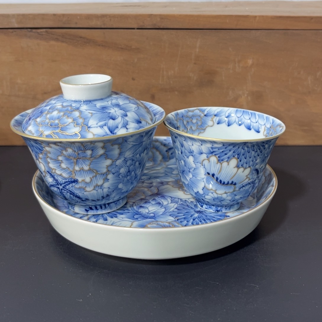 青花描金万花三件套 可拆分