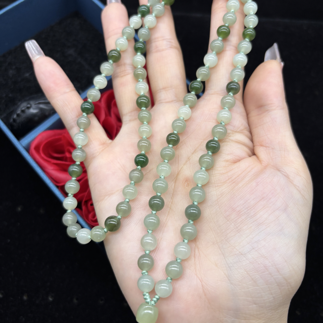 福利天然和田玉多宝圆珠6mm玉石挂坠绳项链长链毛衣链时尚百搭款