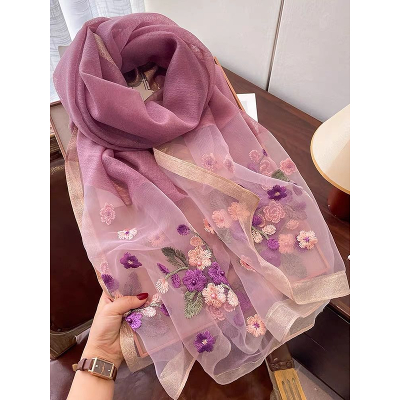 【上海故事-紫色星辰】70*180时尚百搭女士刺绣围巾披肩A-077