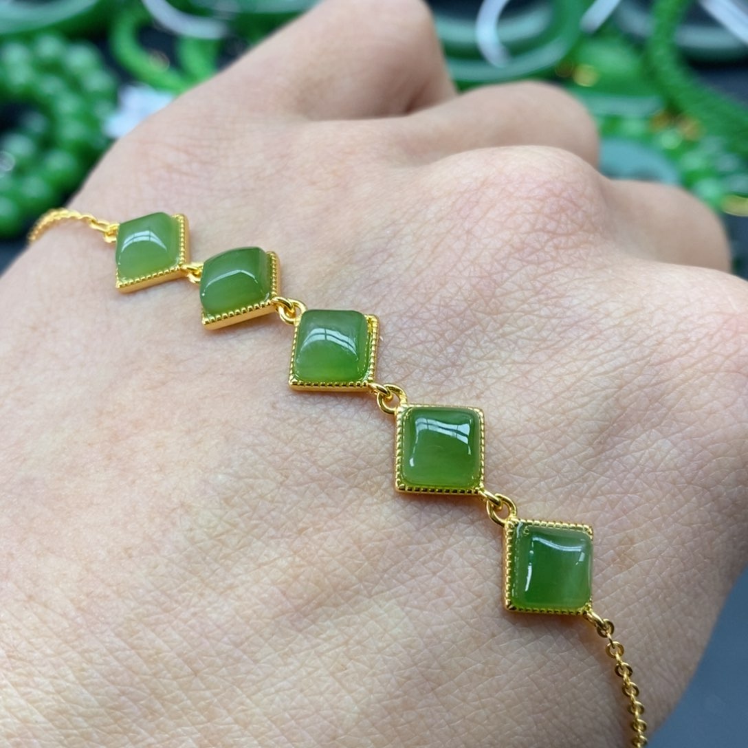 和田玉（碧玉）手链银S925镀金镶嵌