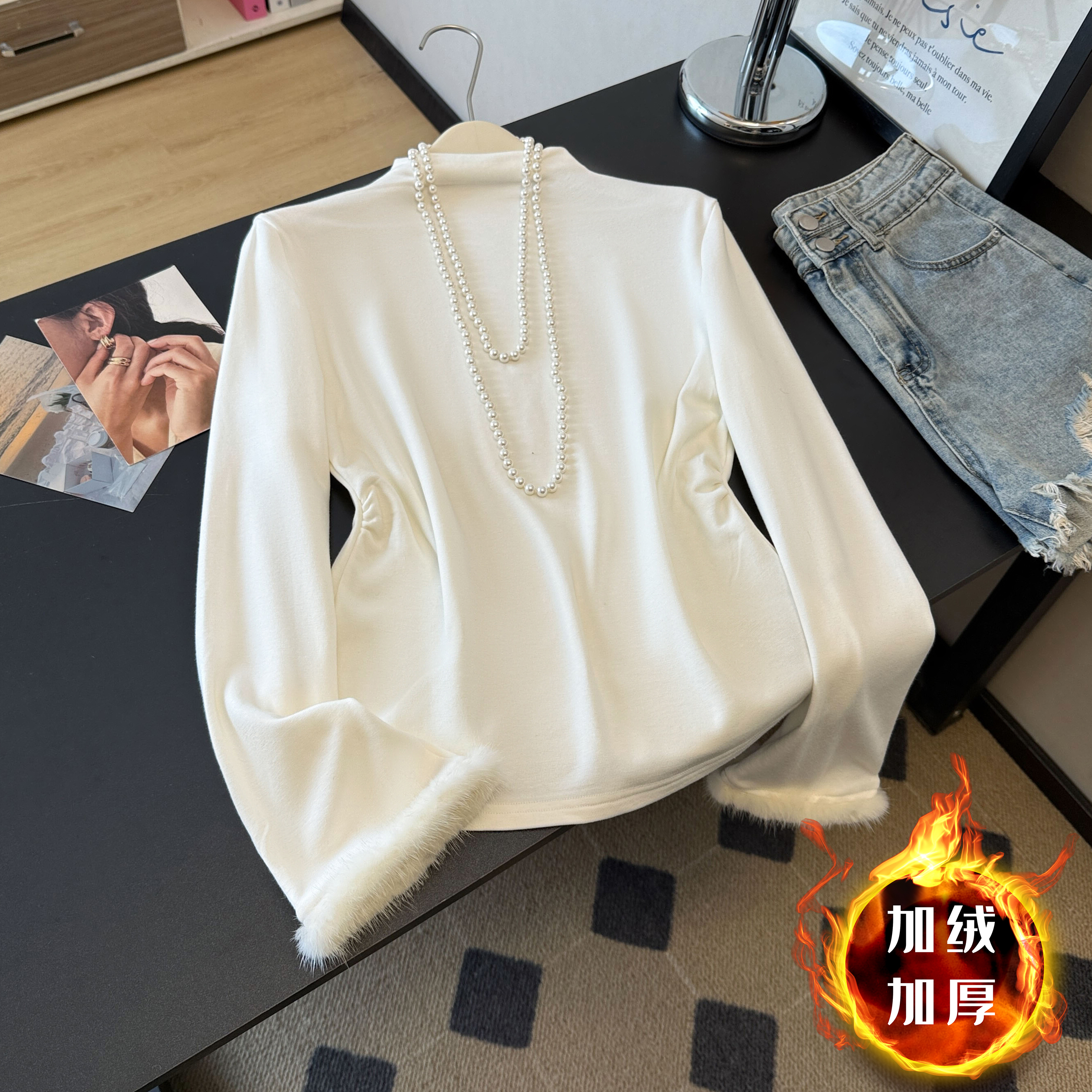 【加绒加厚】水貂毛拼接半高领打底衫2025秋冬新款长袖修身显瘦T恤