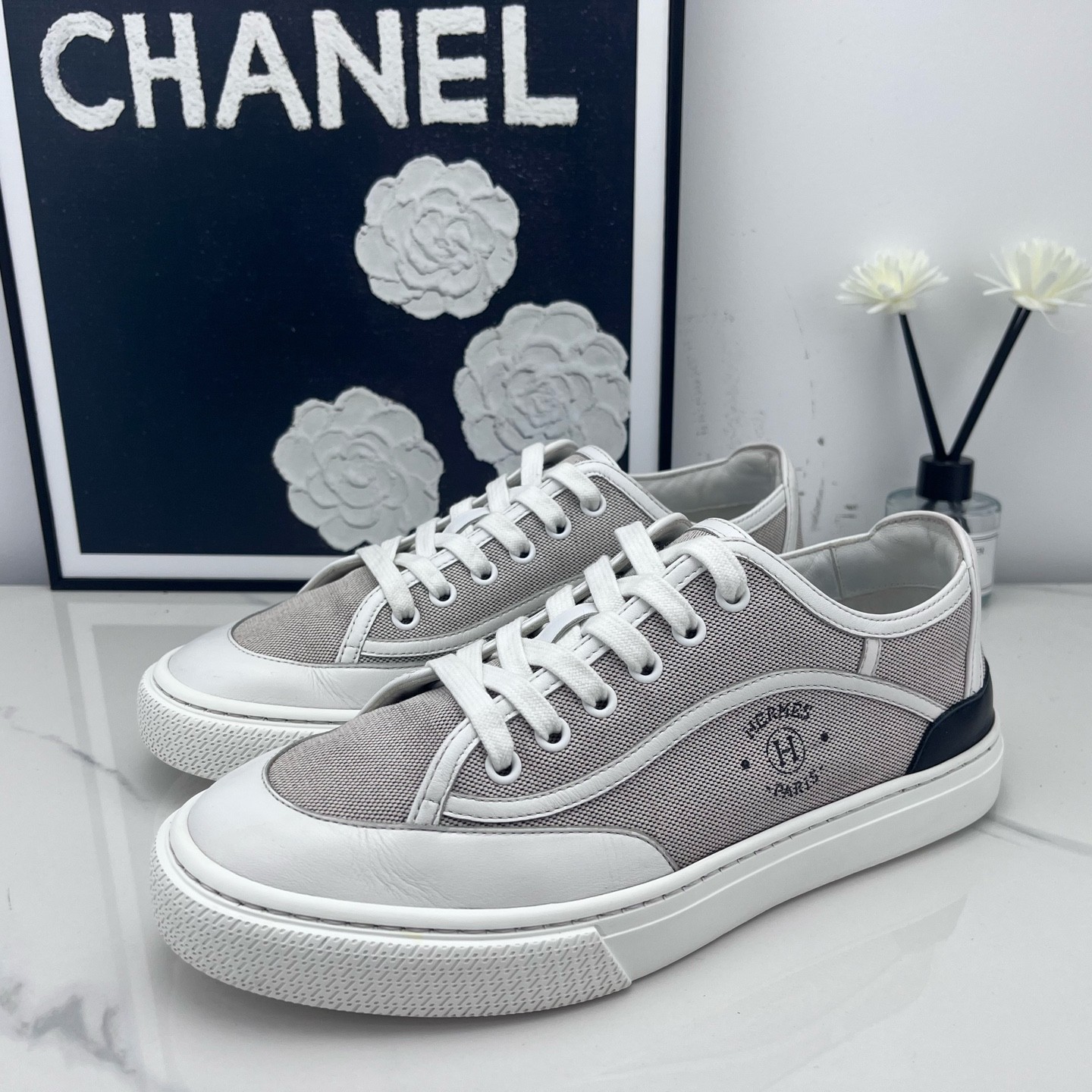 95新 Hermes/爱马仕 灰色帆布拼皮休闲鞋 38码/jm02280