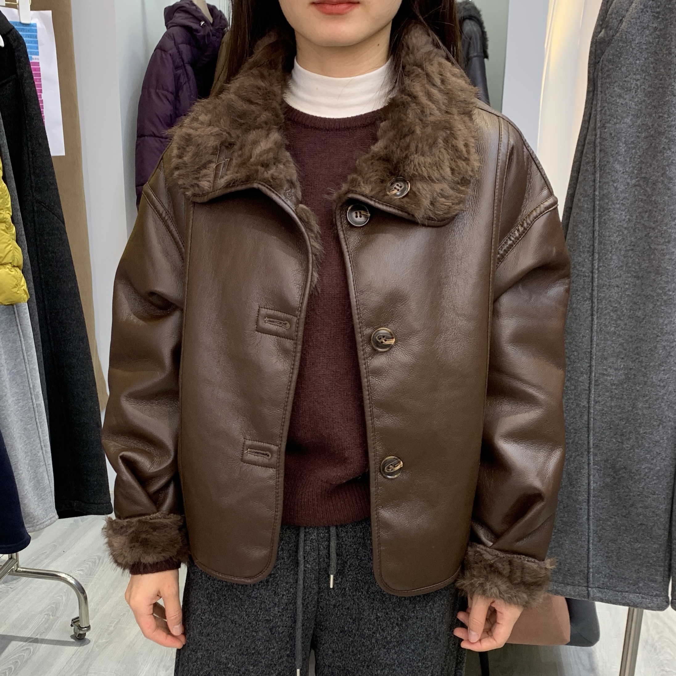 【可-H】女士上衣皮衣外套上衣加绒保暖防风厚实加厚时尚休闲百搭
