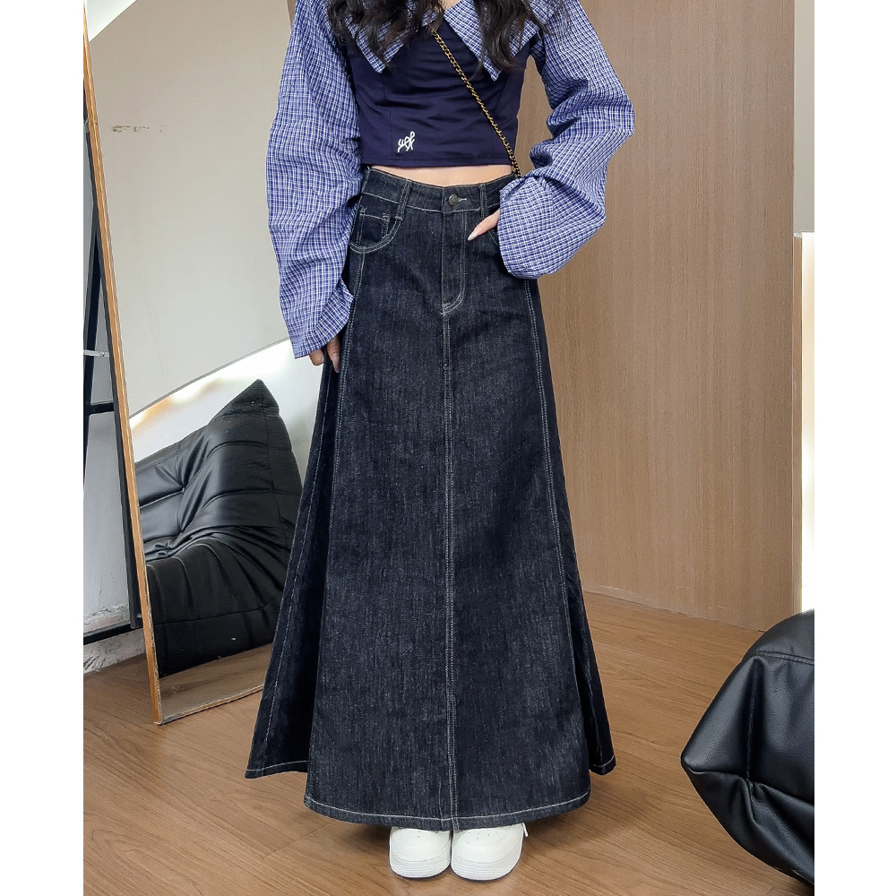 0691中长款黑金色高腰a字包臀牛仔半身裙子女鱼尾裙显瘦一步裙长