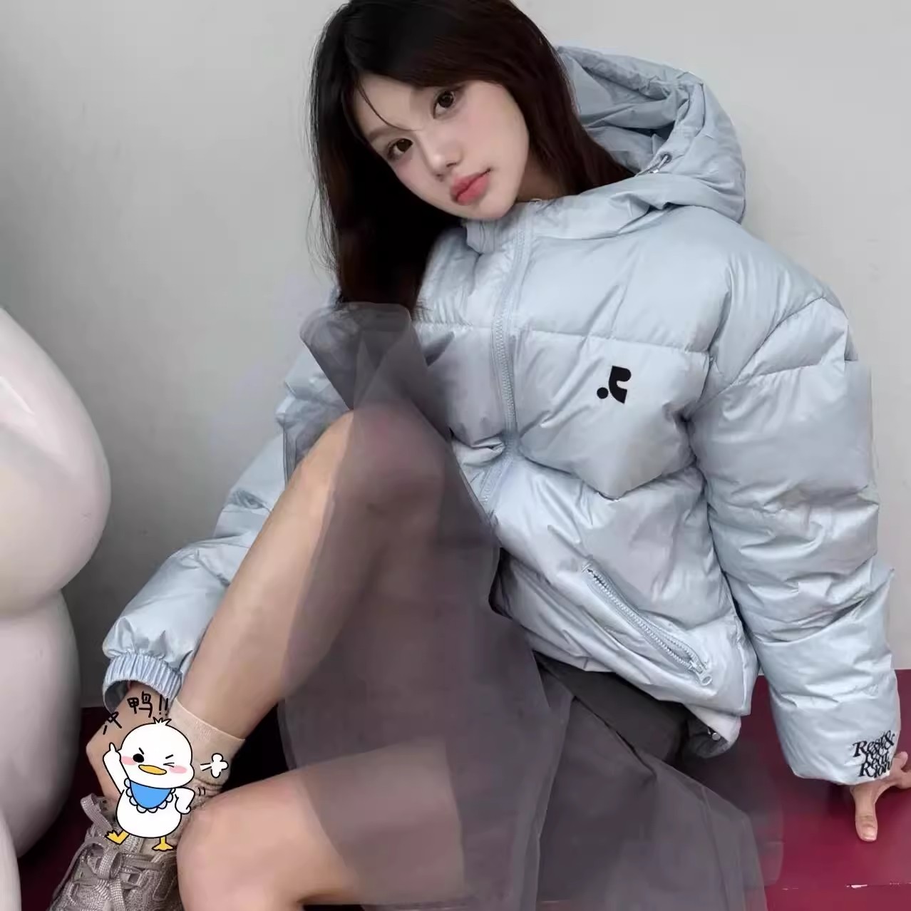 Restandrecreation白鸭绒羽绒服女RR连帽外套男冬季加厚蓝色情侣